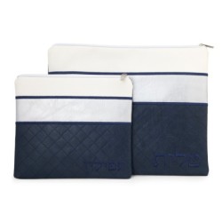 Faux Leather Blue and White Tallit & Tefillin Bag Set with Diamond Pat