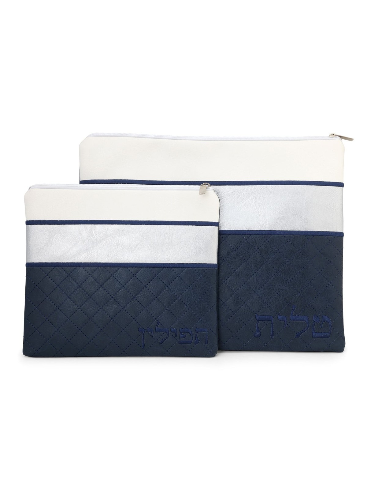 Faux Leather Blue and White Tallit & Tefillin Bag Set with Diamond Pat