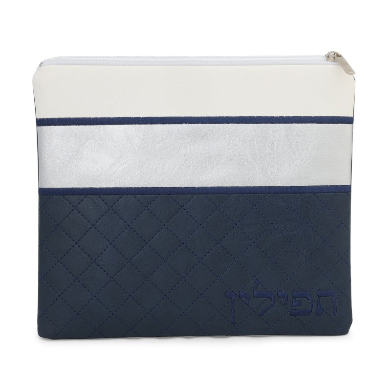 Faux Leather Blue and White Tallit & Tefillin Bag Set with Diamond Pat