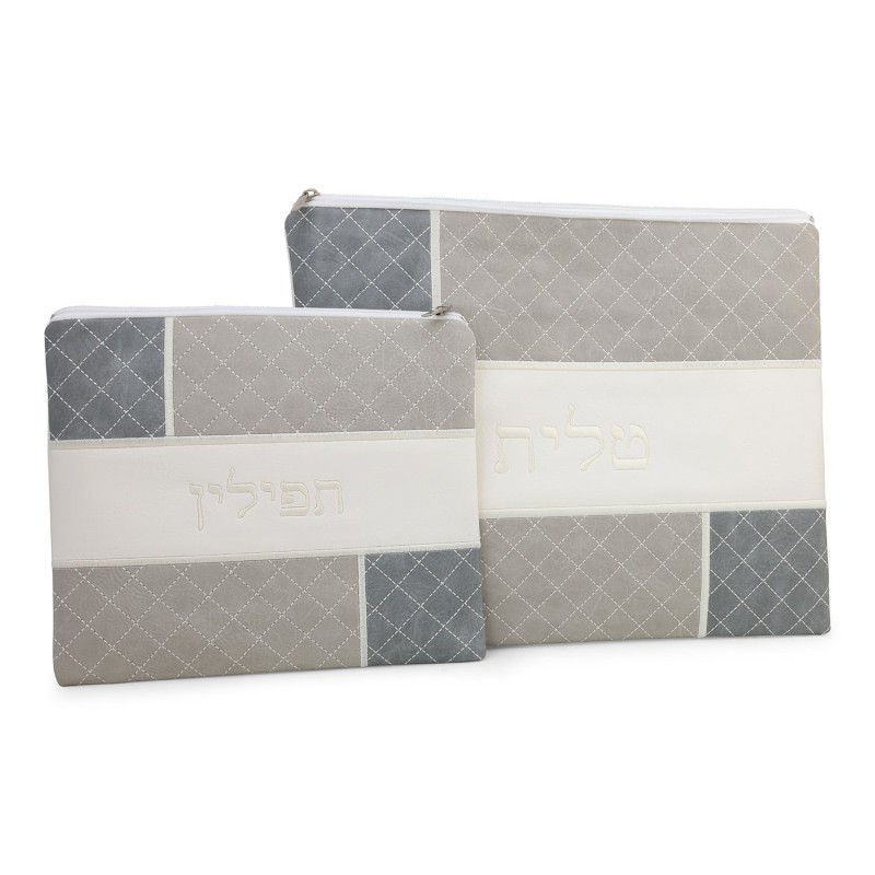 Faux Leather Mix of Gray Tallit & Tefillin Bag Set with Diamond Patter