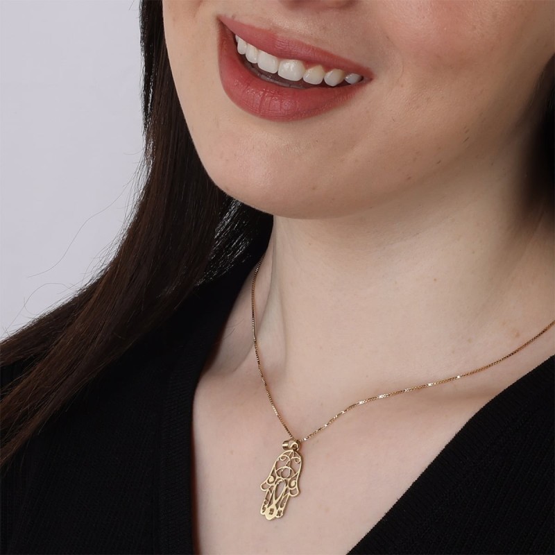 24K Gold Plated Hamsa Necklace with Evil Eye and Hebrew Initials