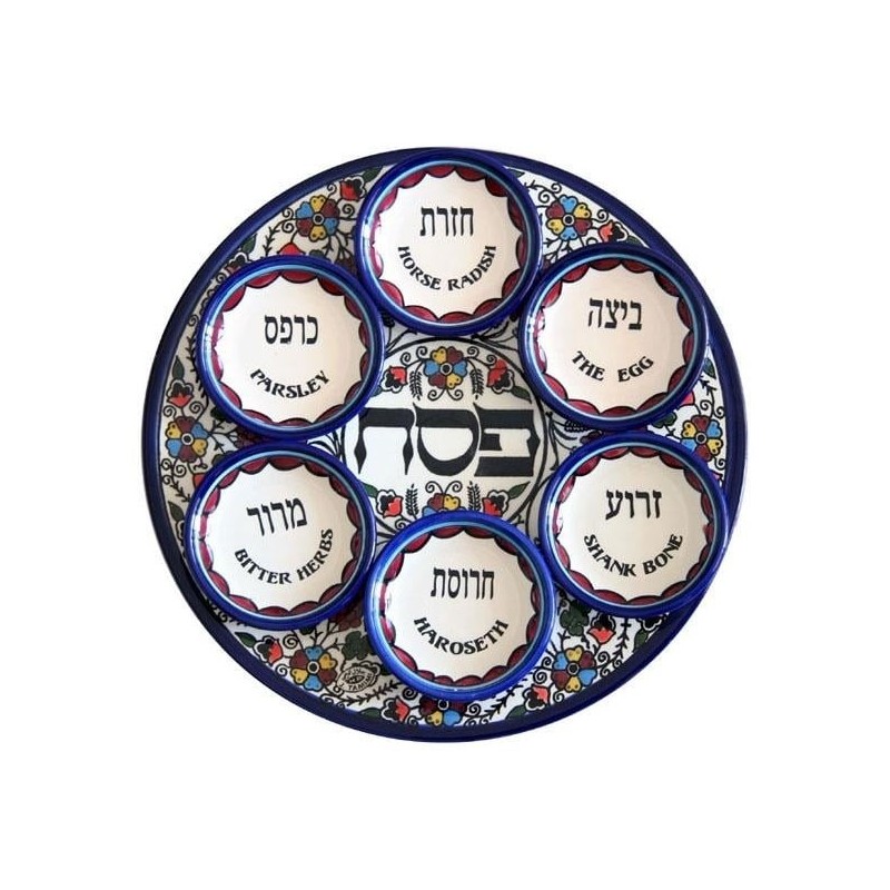 Seven-Piece Seder Plate With Floral & Grapes Design By Armenian Cerami