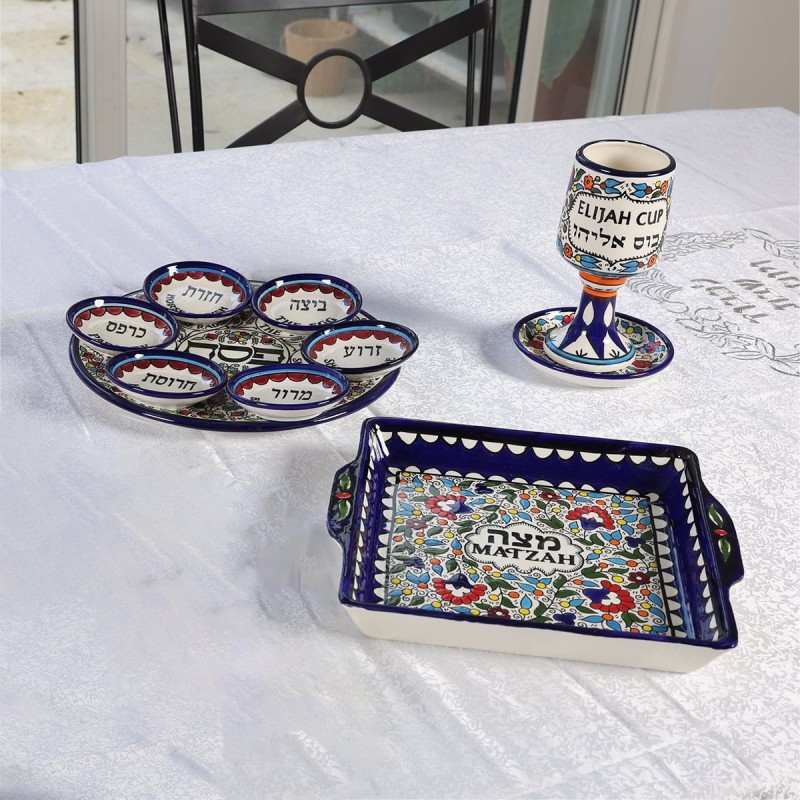 Seven-Piece Seder Plate With Floral & Grapes Design By Armenian Cerami