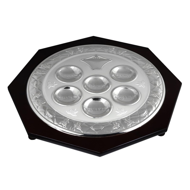 Hazorfim Silver Plated and Wood Seder Plate - Vine Leaves