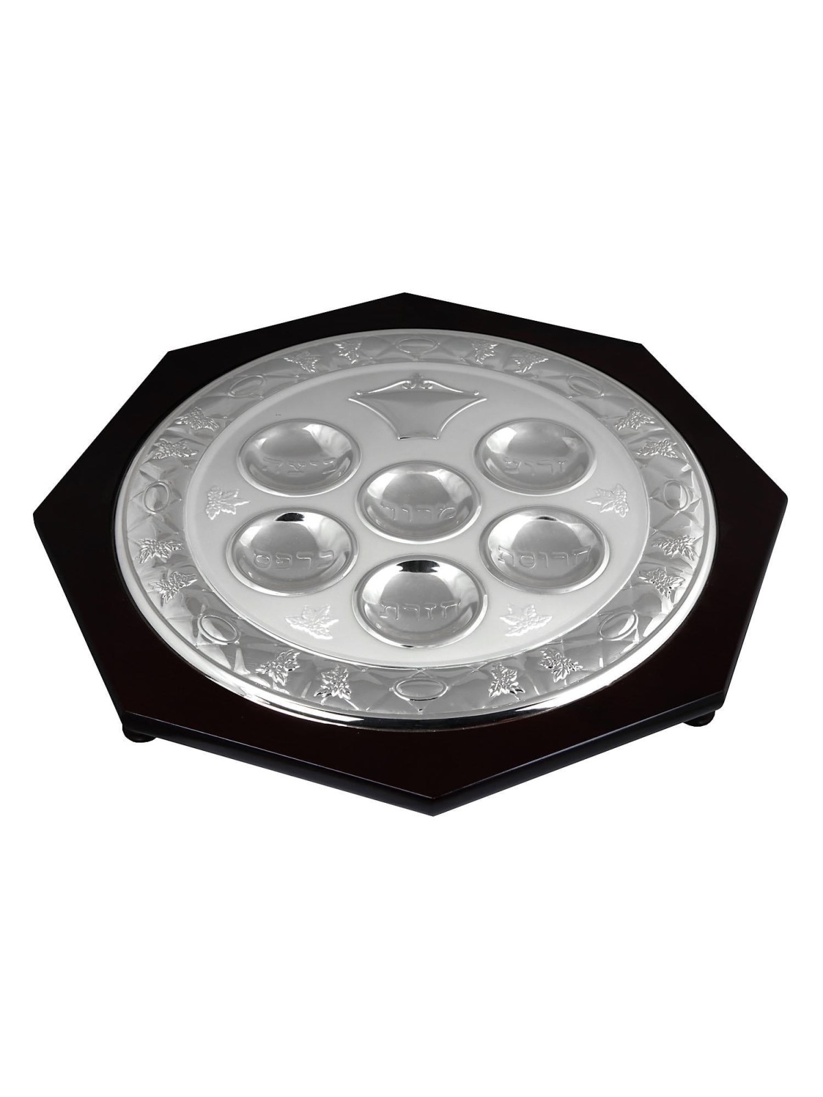 Hazorfim Silver Plated and Wood Seder Plate - Vine Leaves