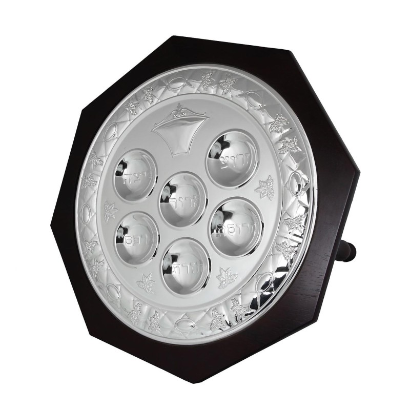 Hazorfim Silver Plated and Wood Seder Plate - Vine Leaves