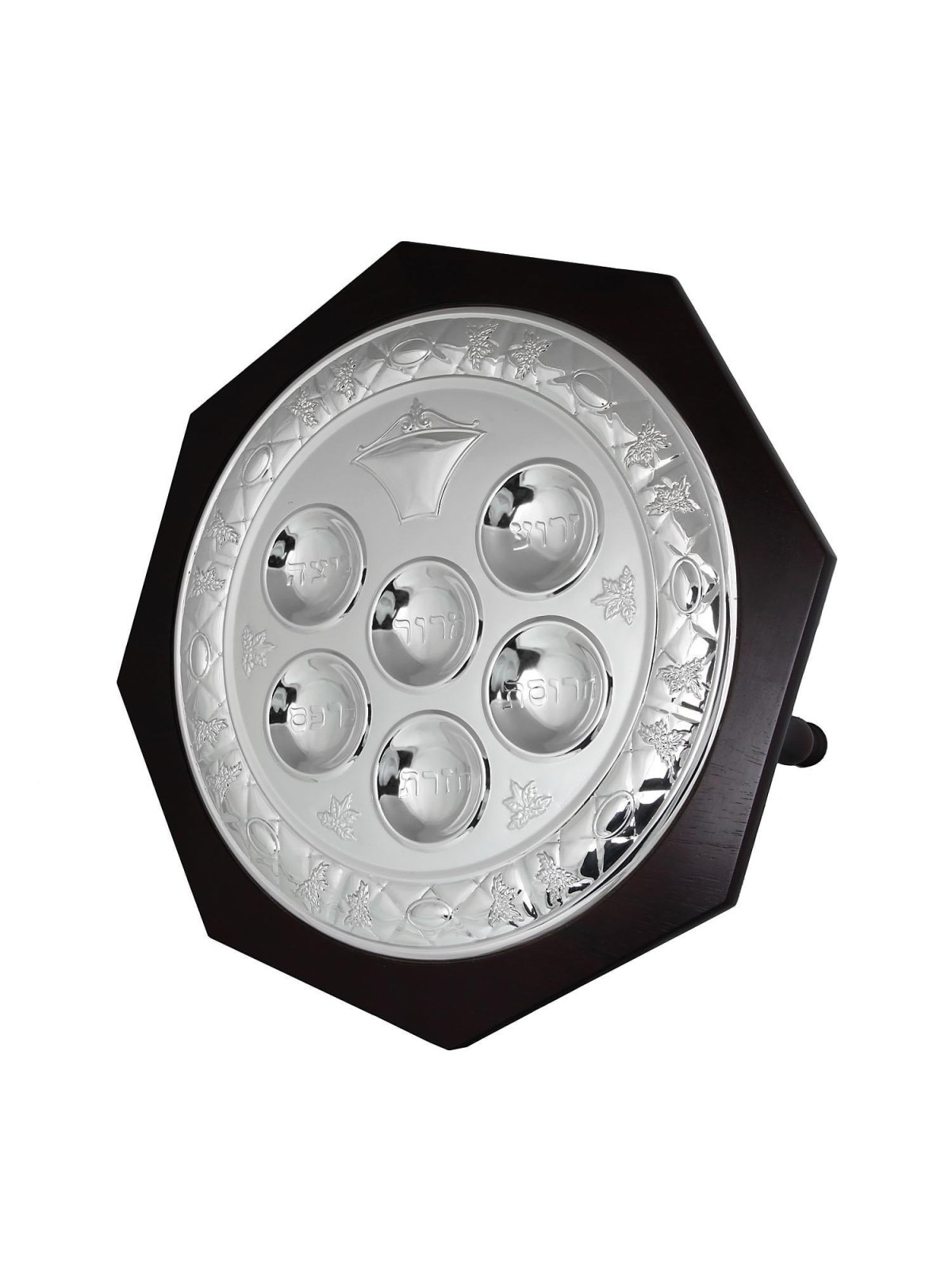 Hazorfim Silver Plated and Wood Seder Plate - Vine Leaves