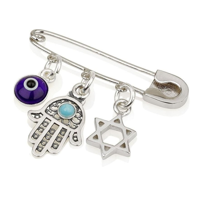 925 Sterling Silver Baby Pin with Star of David, Hamsa and Evil Eye Ch