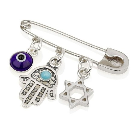 925 Sterling Silver Baby Pin with Star of David, Hamsa and Evil Eye Ch