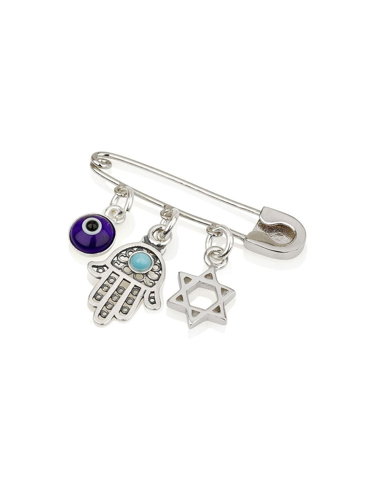 925 Sterling Silver Baby Pin with Star of David, Hamsa and Evil Eye Ch