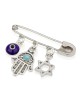 925 Sterling Silver Baby Pin with Star of David, Hamsa and Evil Eye Ch