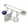 925 Sterling Silver Baby Pin with Star of David, Hamsa and Evil Eye Ch
