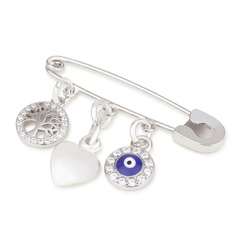 Sterling Silver Baby Safety Pin - Tree of Life, Heart and Hamsa