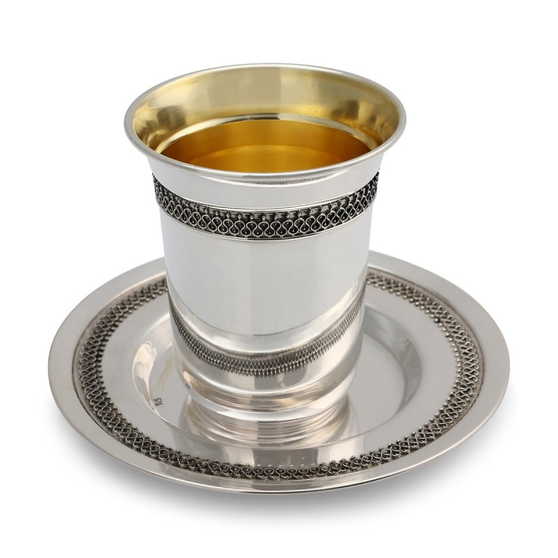 Handcrafted Sterling Silver Polished Kiddush Cup With Filigree Design