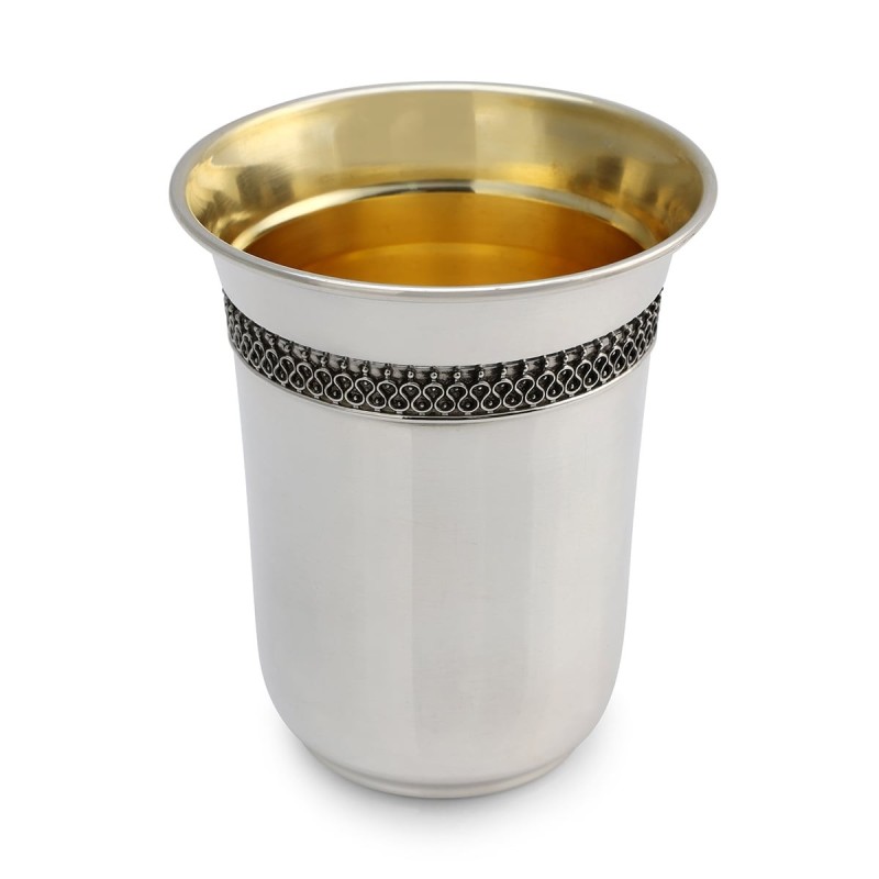 Handcrafted Sterling Silver Polished Kiddush Cup With Filigree Design