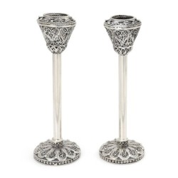 Grand Handcrafted Polished Sterling Silver Candlesticks With Filigree