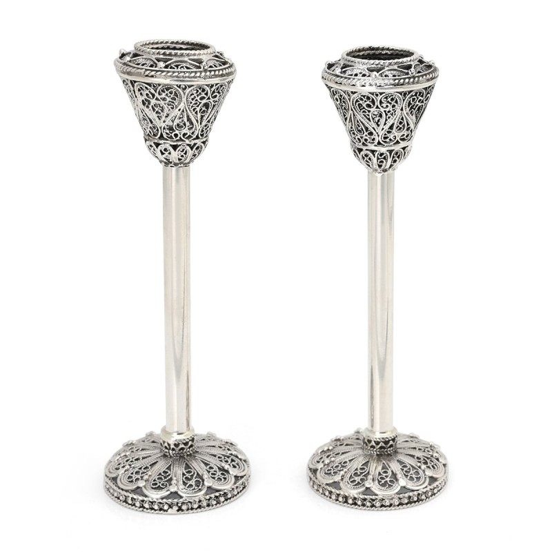 Grand Handcrafted Polished Sterling Silver Candlesticks With Filigree