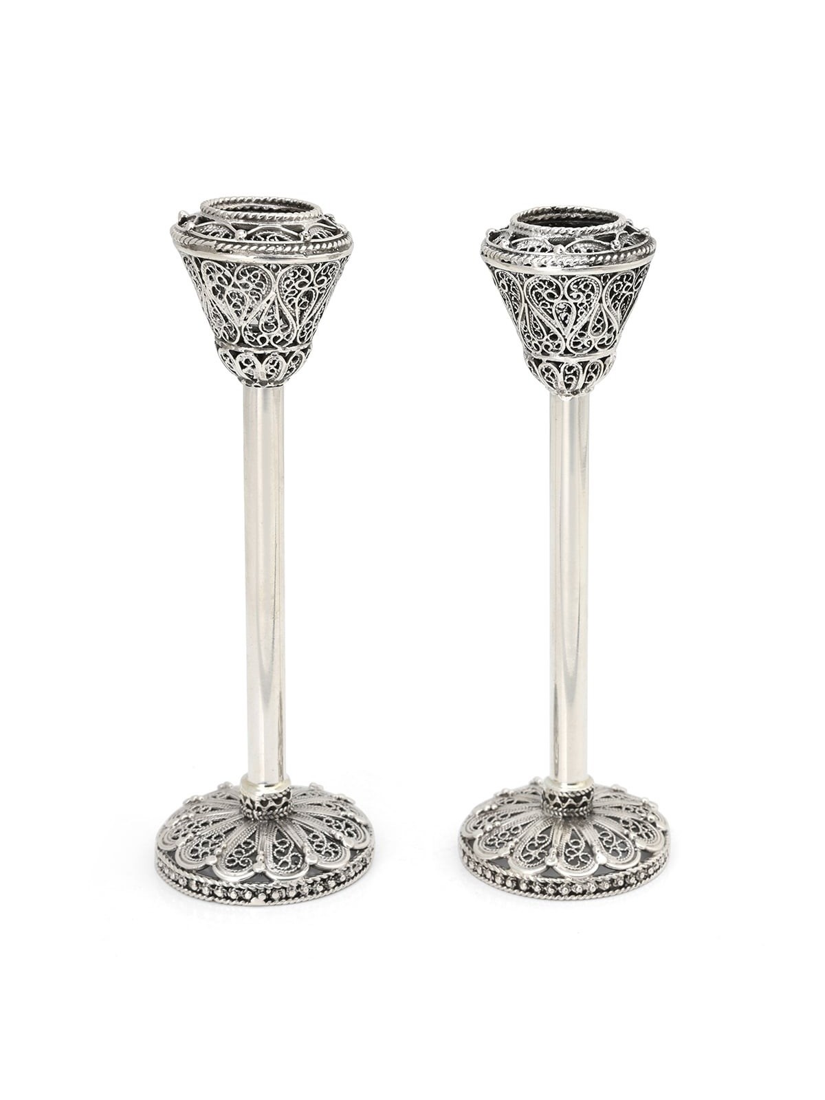 Grand Handcrafted Polished Sterling Silver Candlesticks With Filigree