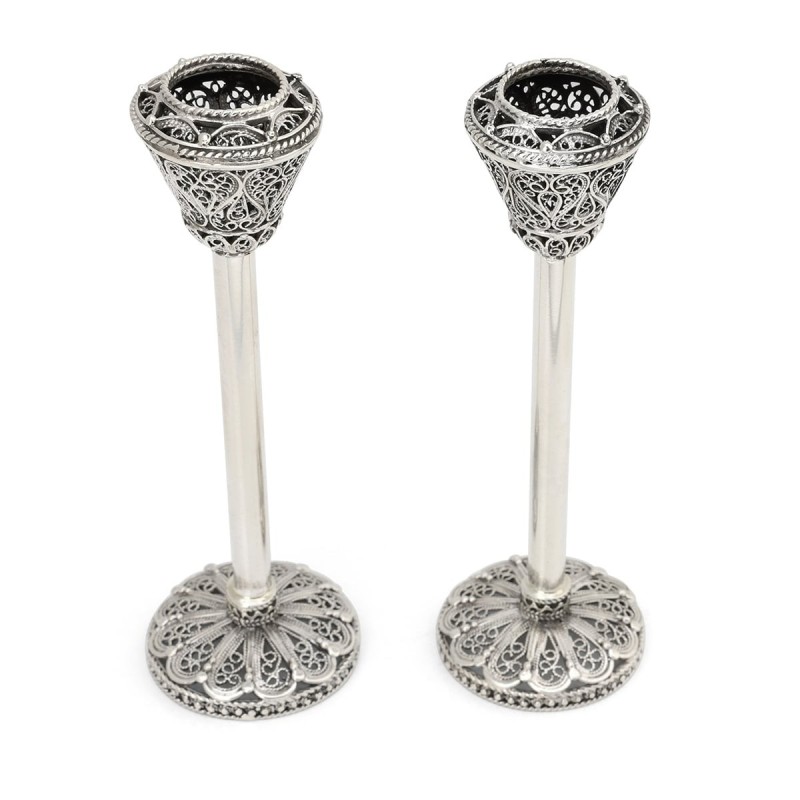 Grand Handcrafted Polished Sterling Silver Candlesticks With Filigree