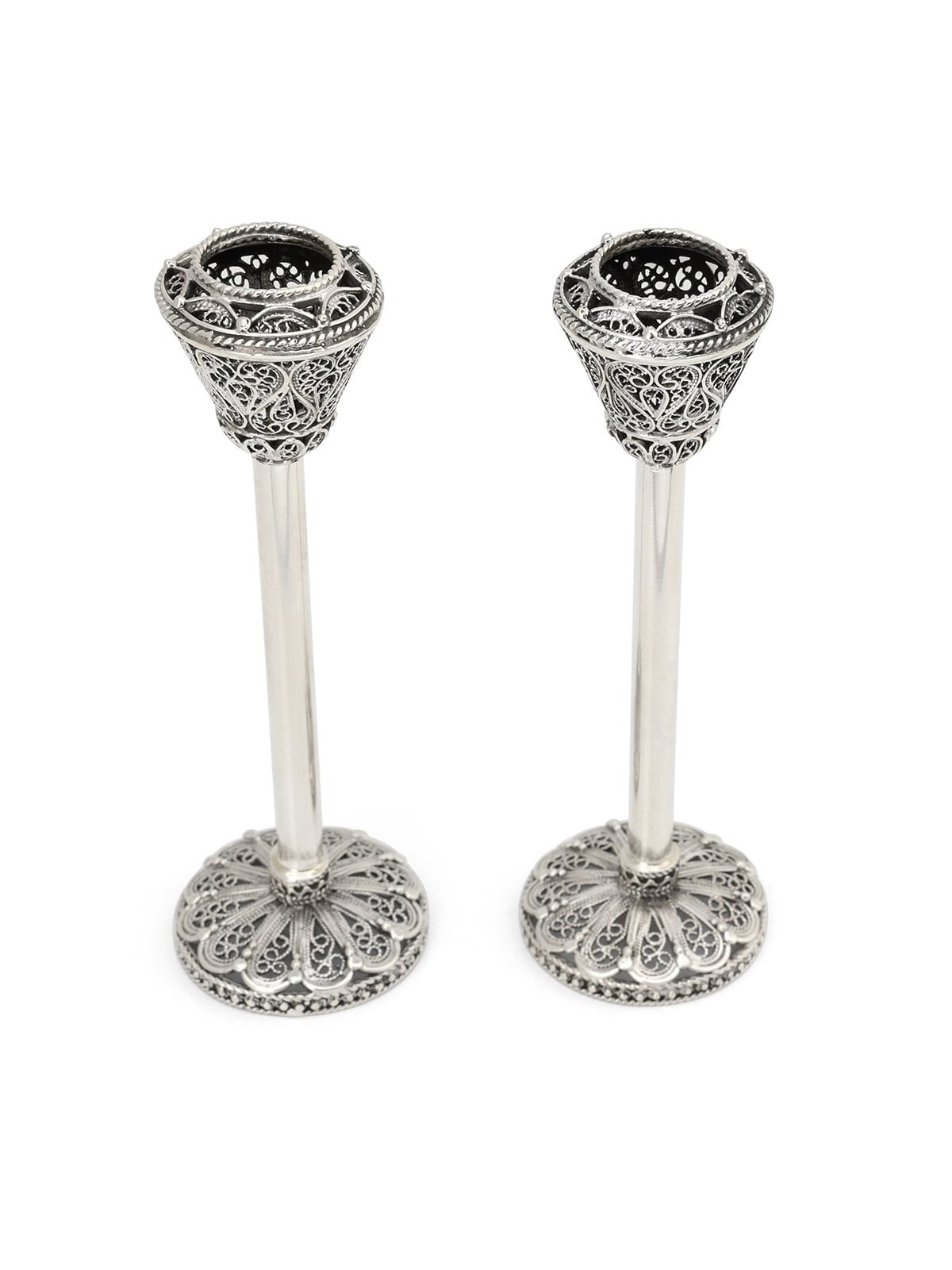 Grand Handcrafted Polished Sterling Silver Candlesticks With Filigree