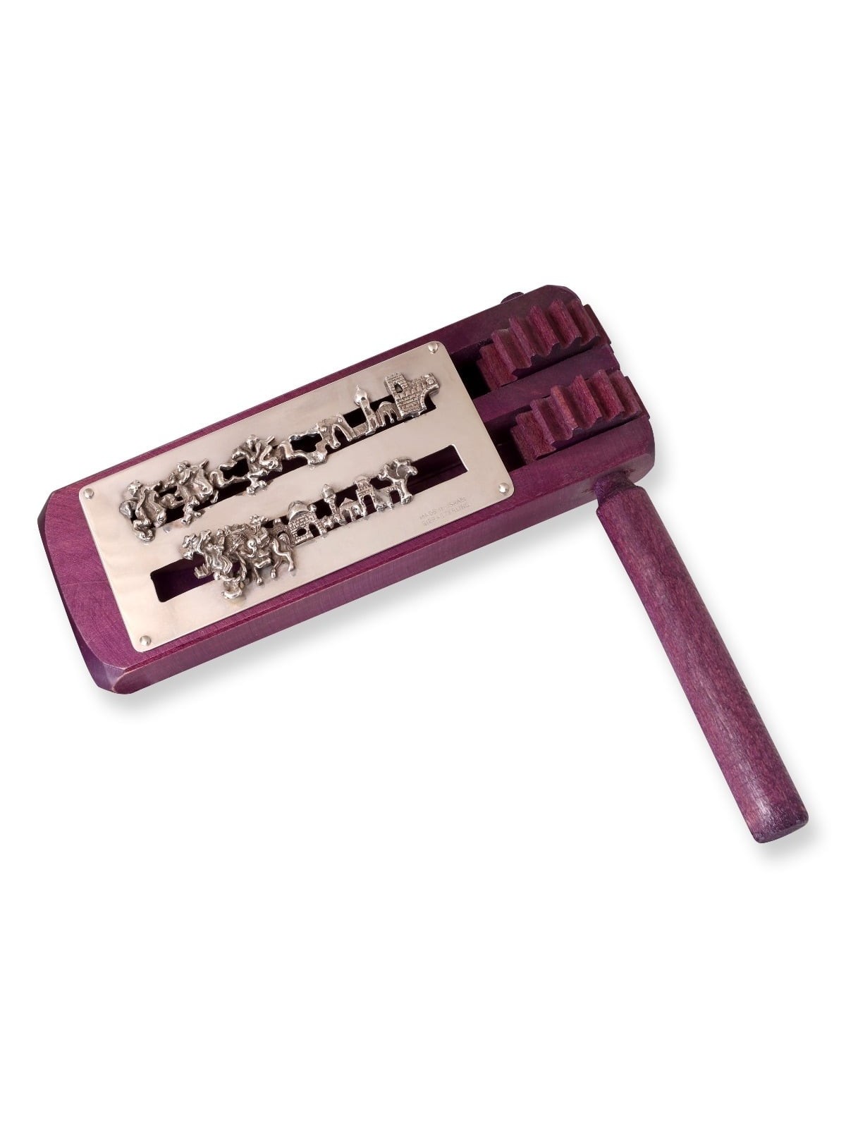 Wooden Purim Grogger with 925 Sterling Silver Decorative Plate - Purpl