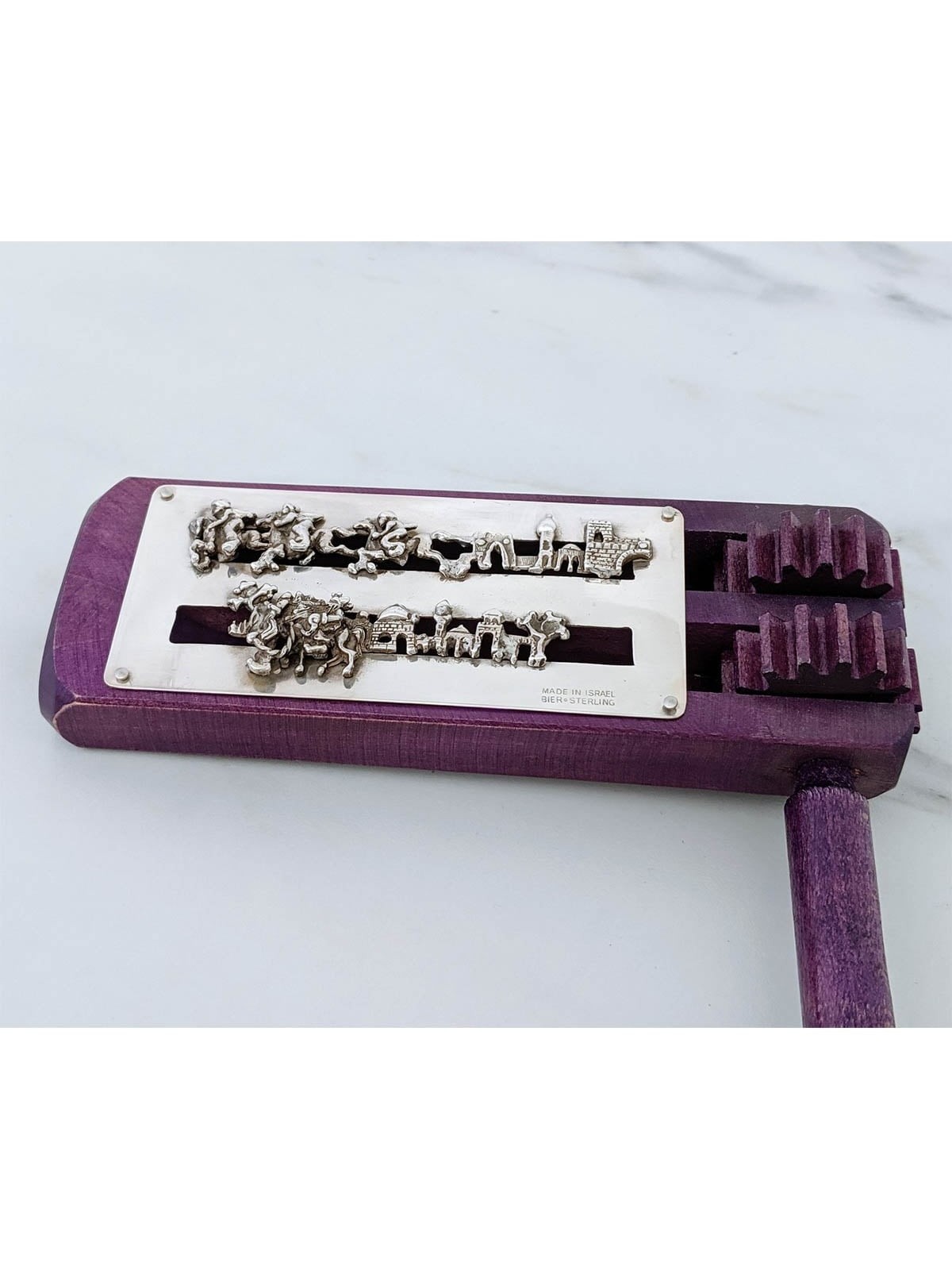 Wooden Purim Grogger with 925 Sterling Silver Decorative Plate - Purpl