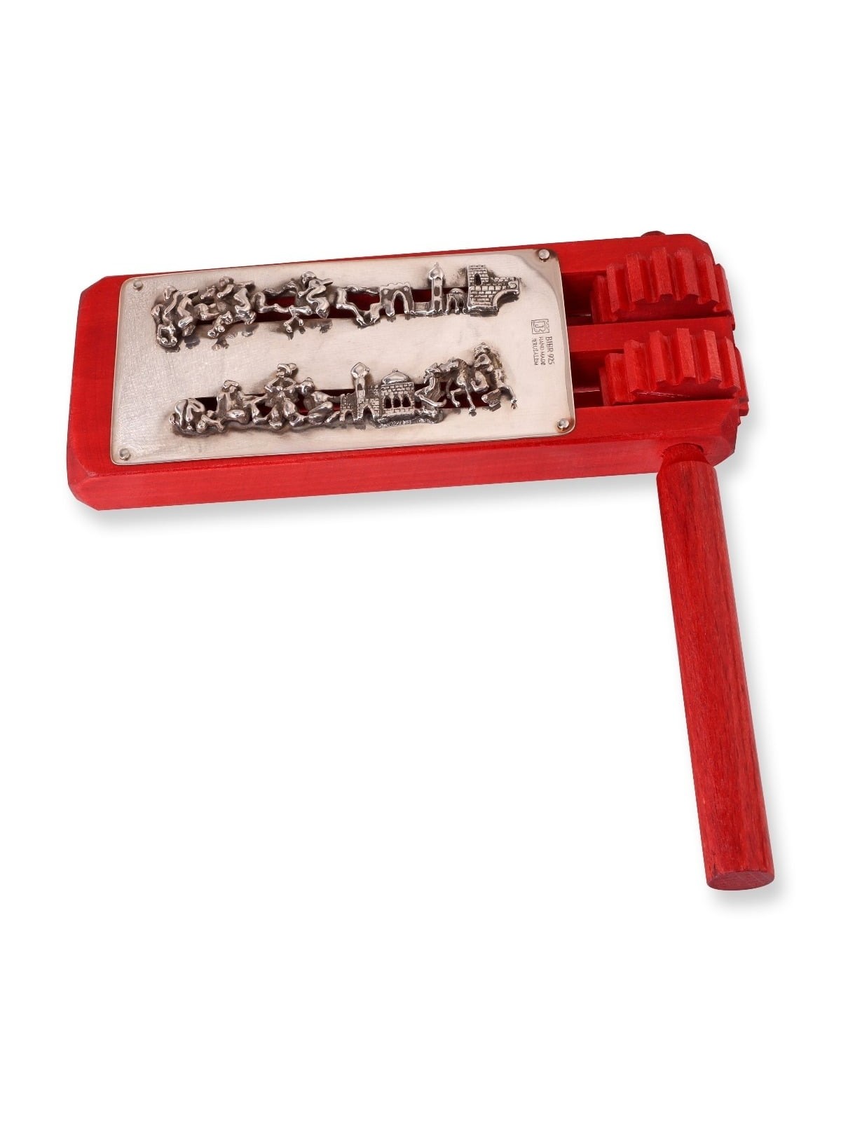 Wooden Purim Grogger with 925 Sterling Silver Decorative Plate - Red