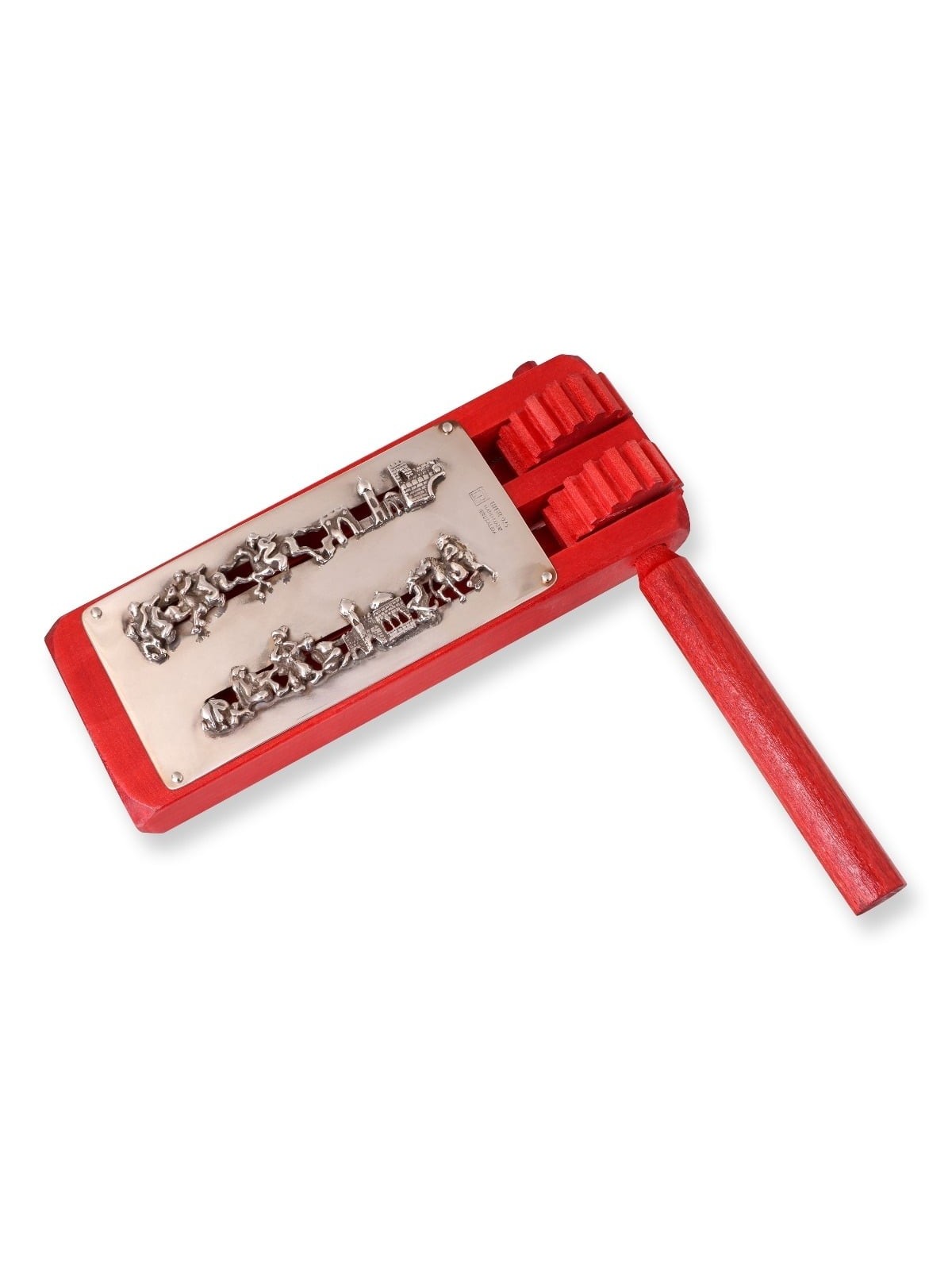 Wooden Purim Grogger with 925 Sterling Silver Decorative Plate - Red