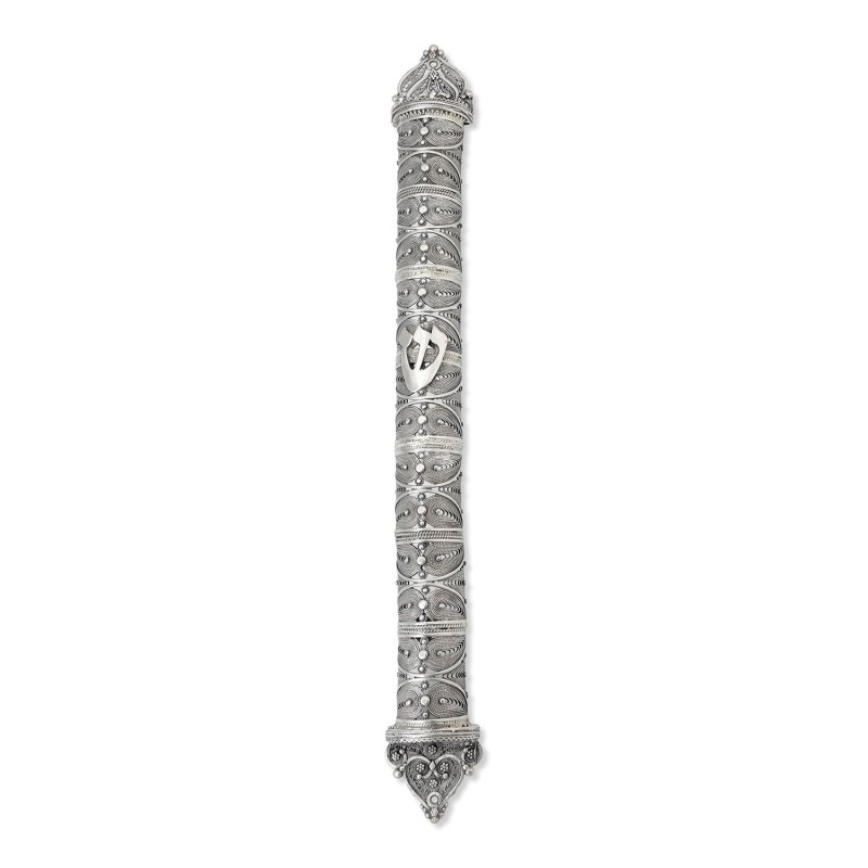 Shoham Yemenite Art Handcrafted Long Sterling Silver Mezuzah Case with