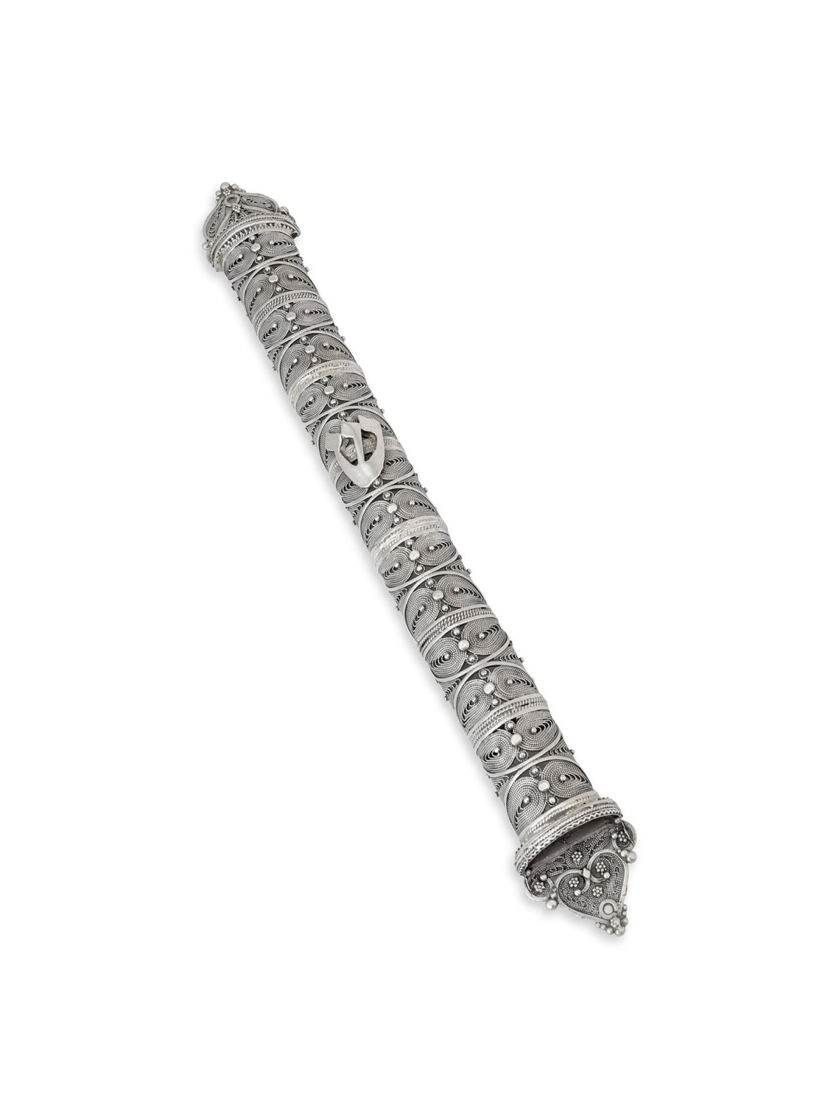 Shoham Yemenite Art Handcrafted Long Sterling Silver Mezuzah Case with