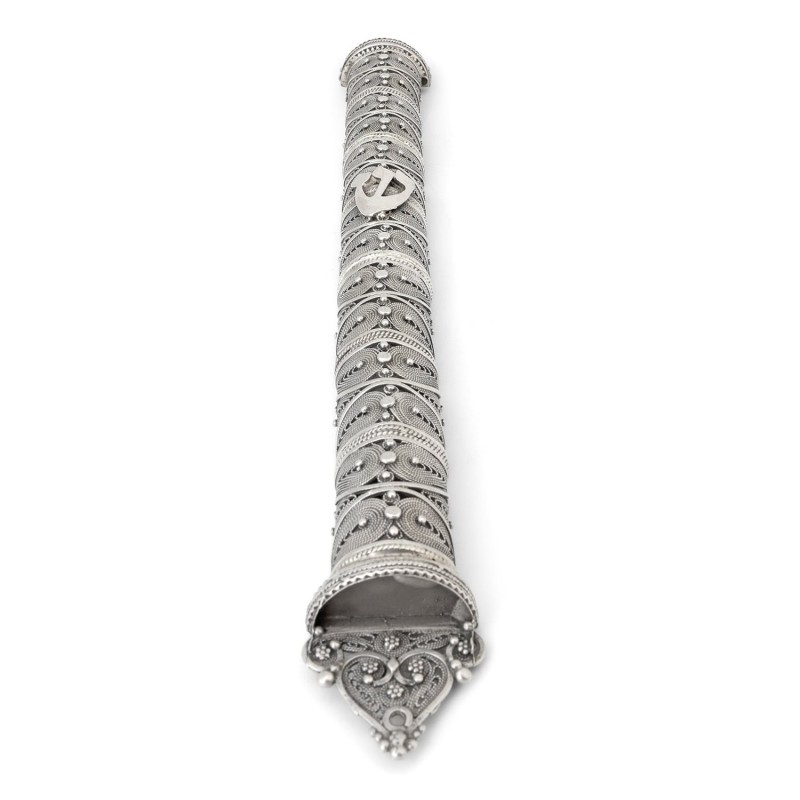 Shoham Yemenite Art Handcrafted Long Sterling Silver Mezuzah Case with