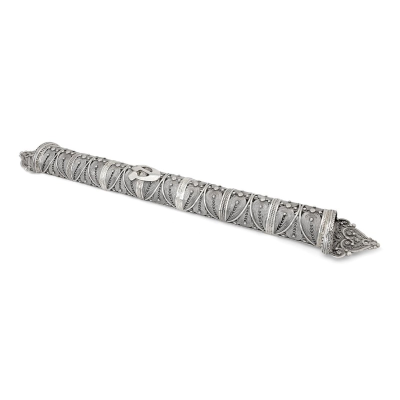 Shoham Yemenite Art Handcrafted Long Sterling Silver Mezuzah Case with