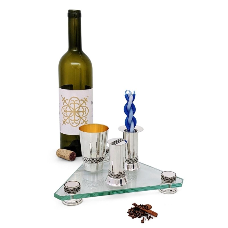 Bier Judaica 925 Sterling Silver Lattice 4 Piece Havdalah Set