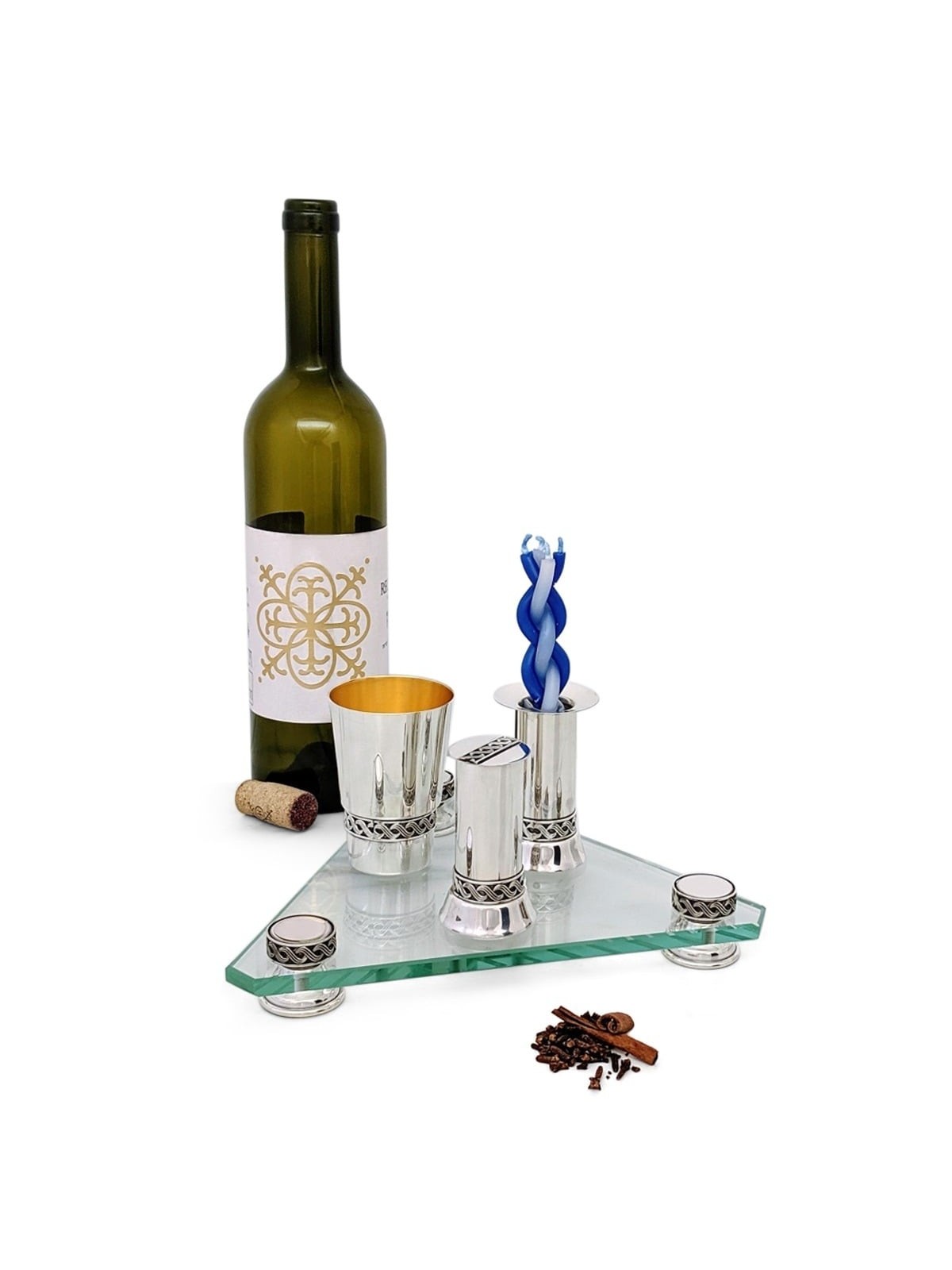 Bier Judaica 925 Sterling Silver Lattice 4 Piece Havdalah Set