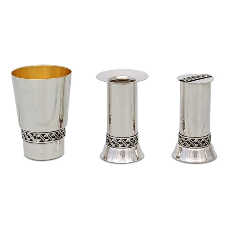 Bier Judaica 925 Sterling Silver Lattice 4 Piece Havdalah Set