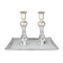 Tall Handmade White Glass and Sterling Silver-Plated Shabbat Candlesti