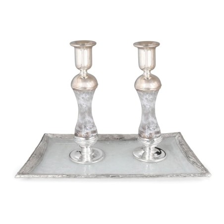 Tall Handmade White Glass and Sterling Silver-Plated Shabbat Candlesti