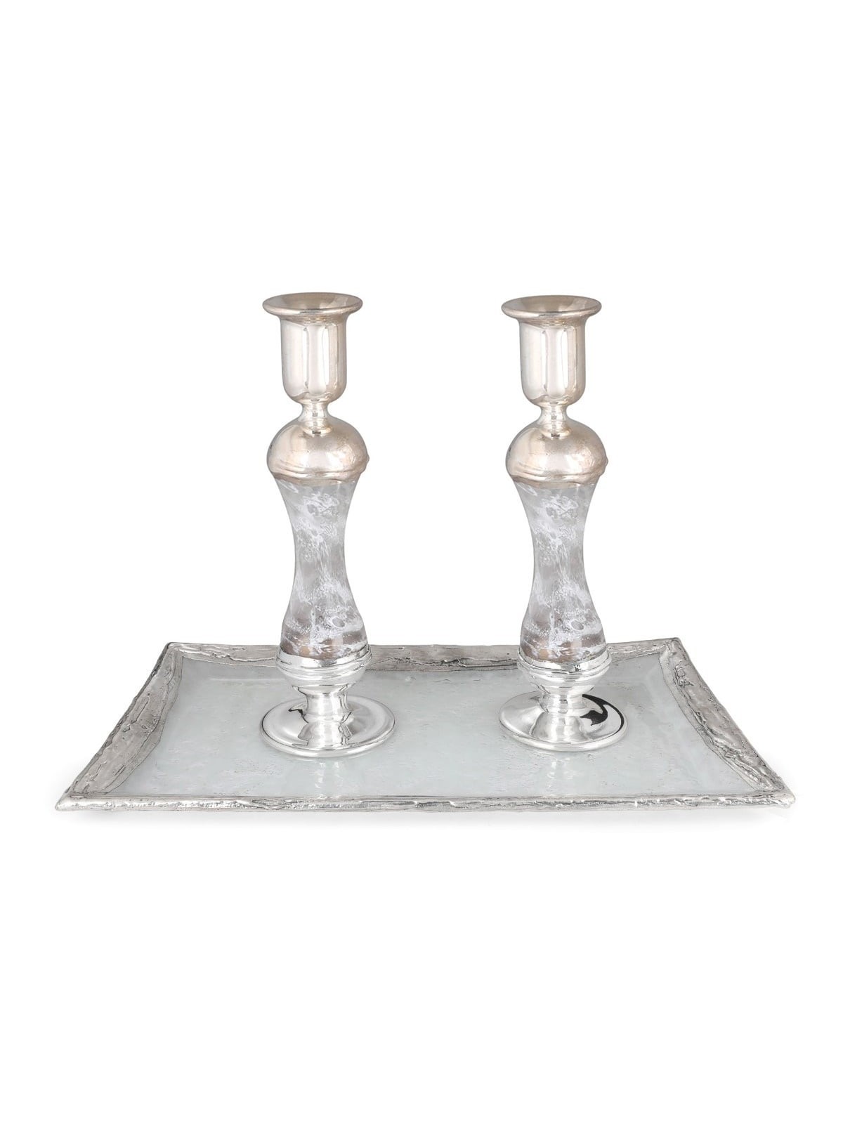 Tall Handmade White Glass and Sterling Silver-Plated Shabbat Candlesti
