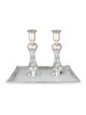 Tall Handmade White Glass and Sterling Silver-Plated Shabbat Candlesti