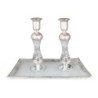 Tall Handmade White Glass and Sterling Silver-Plated Shabbat Candlesti
