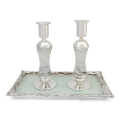 Tall Handmade White Glass and Sterling Silver-Plated Shabbat Candlesti