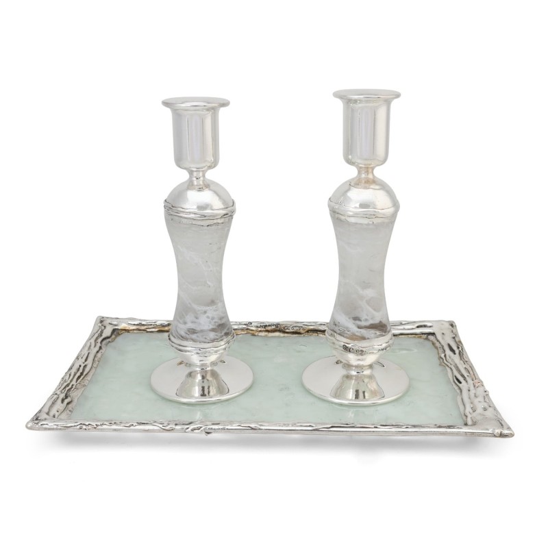 Tall Handmade White Glass and Sterling Silver-Plated Shabbat Candlesti
