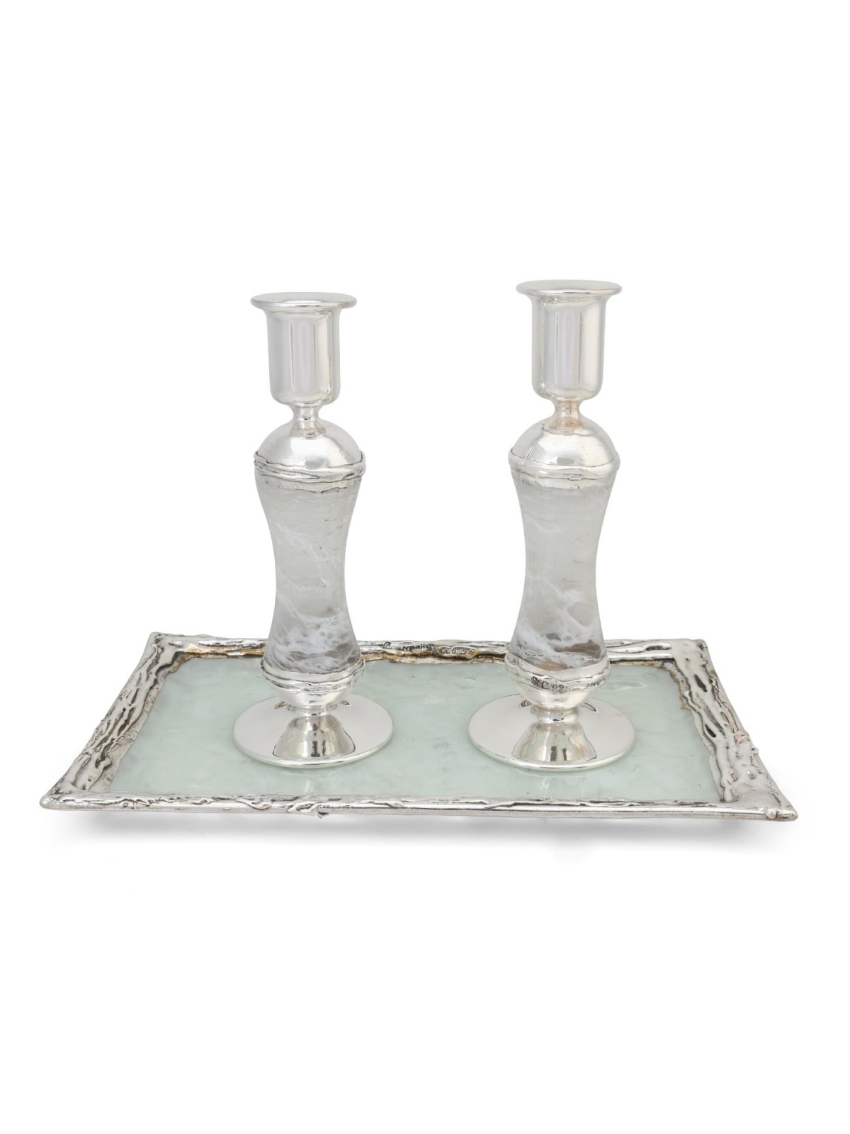 Tall Handmade White Glass and Sterling Silver-Plated Shabbat Candlesti