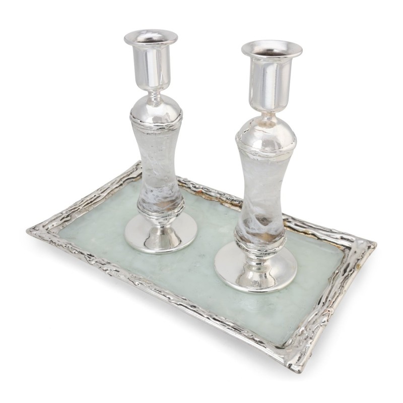 Tall Handmade White Glass and Sterling Silver-Plated Shabbat Candlesti