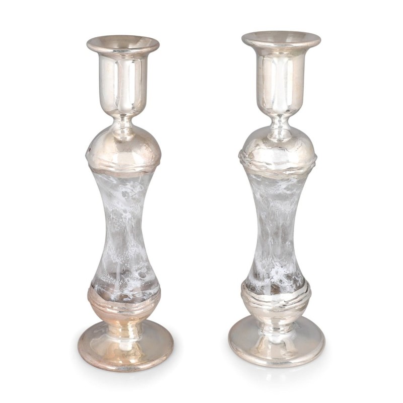Tall Handmade White Glass and Sterling Silver-Plated Shabbat Candlesti