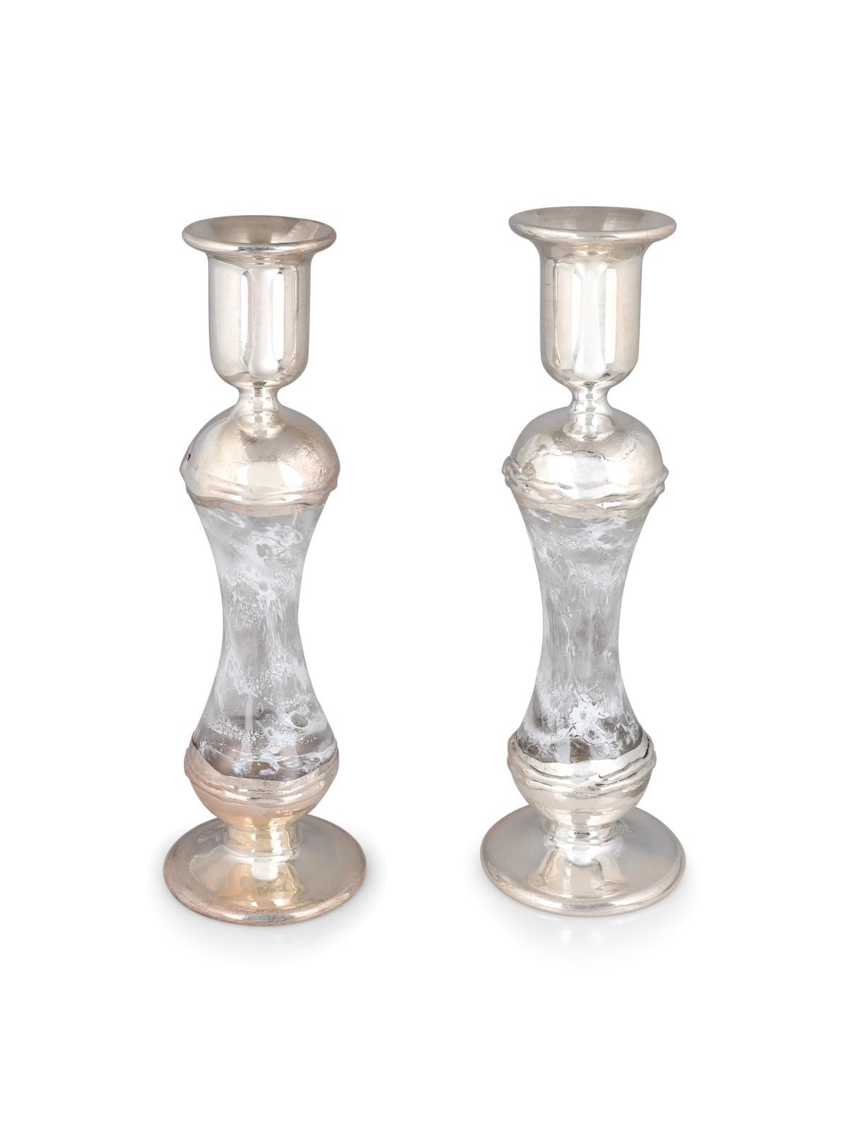 Tall Handmade White Glass and Sterling Silver-Plated Shabbat Candlesti