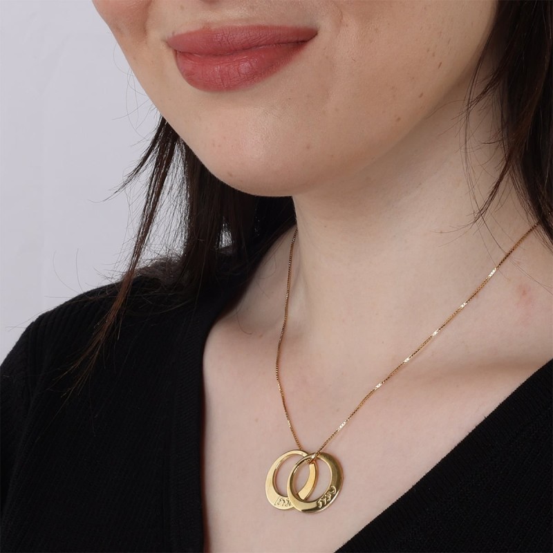 24K Yellow Gold Plated Hebrew Name Rings Mom Necklace (Up to 5 Names)