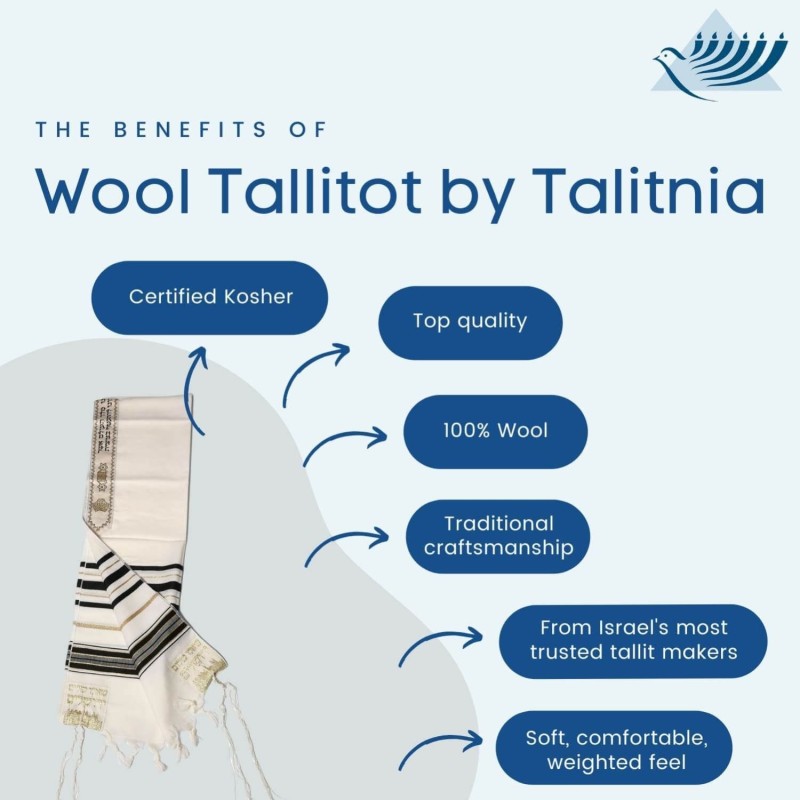 Talitnia Traditional Pure Wool Tallit - Black with Gold Stripes