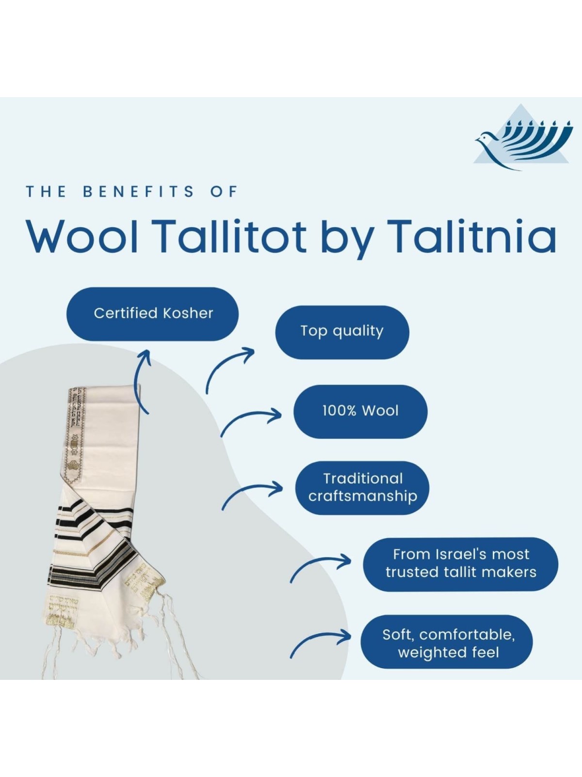 Talitnia Traditional Pure Wool Tallit - Black with Gold Stripes