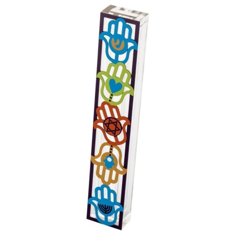 Dorit Judaica Large Acrylic Mezuzah Case With Colorful Hamsa Design
